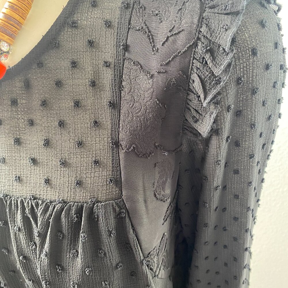 Kaari Black Women embroidered dot Black Ruffle semi sheer Long Sleeve Blouse L - Picture 3 of 4